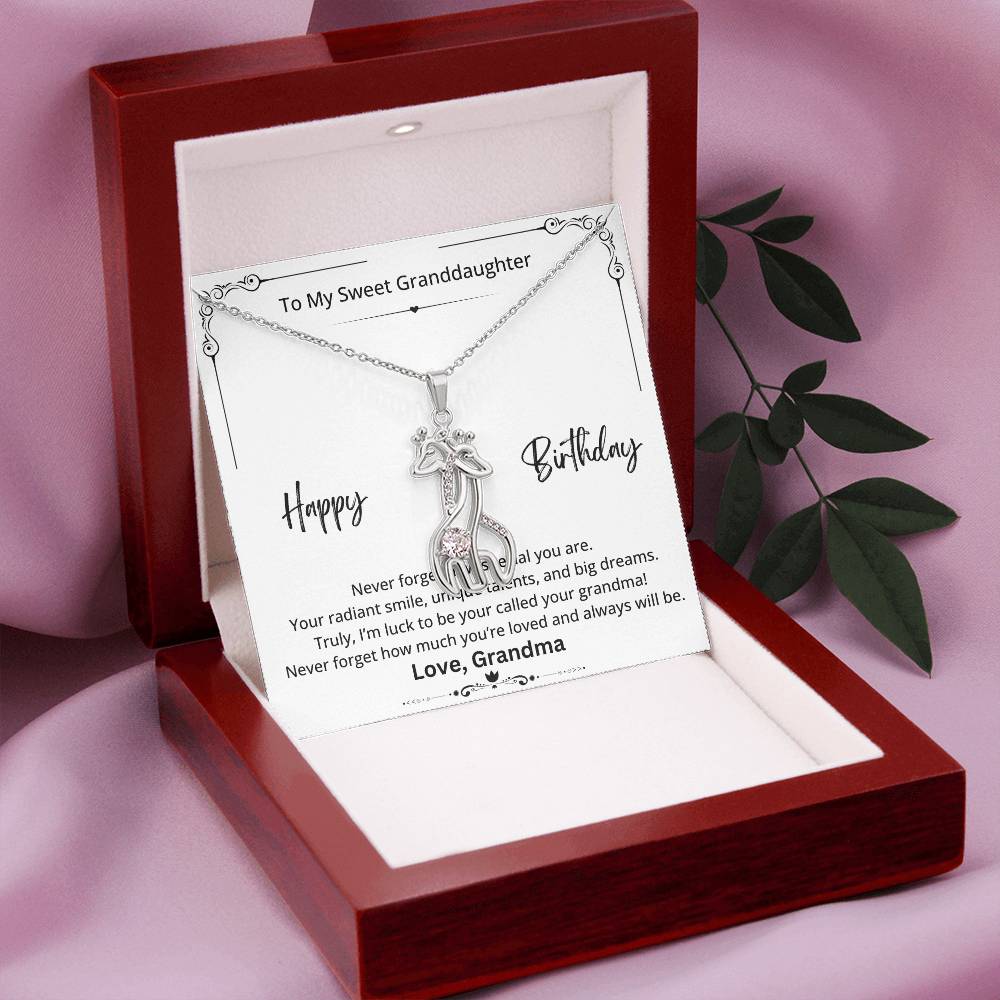 stainless steel necklace with birthday wishes from grandma to granddaughter in a mahogany style jewelry box