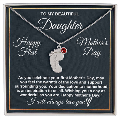 To Daughter Necklace - Engraved Baby Feet with Birthstones | First Mother's Day Gift