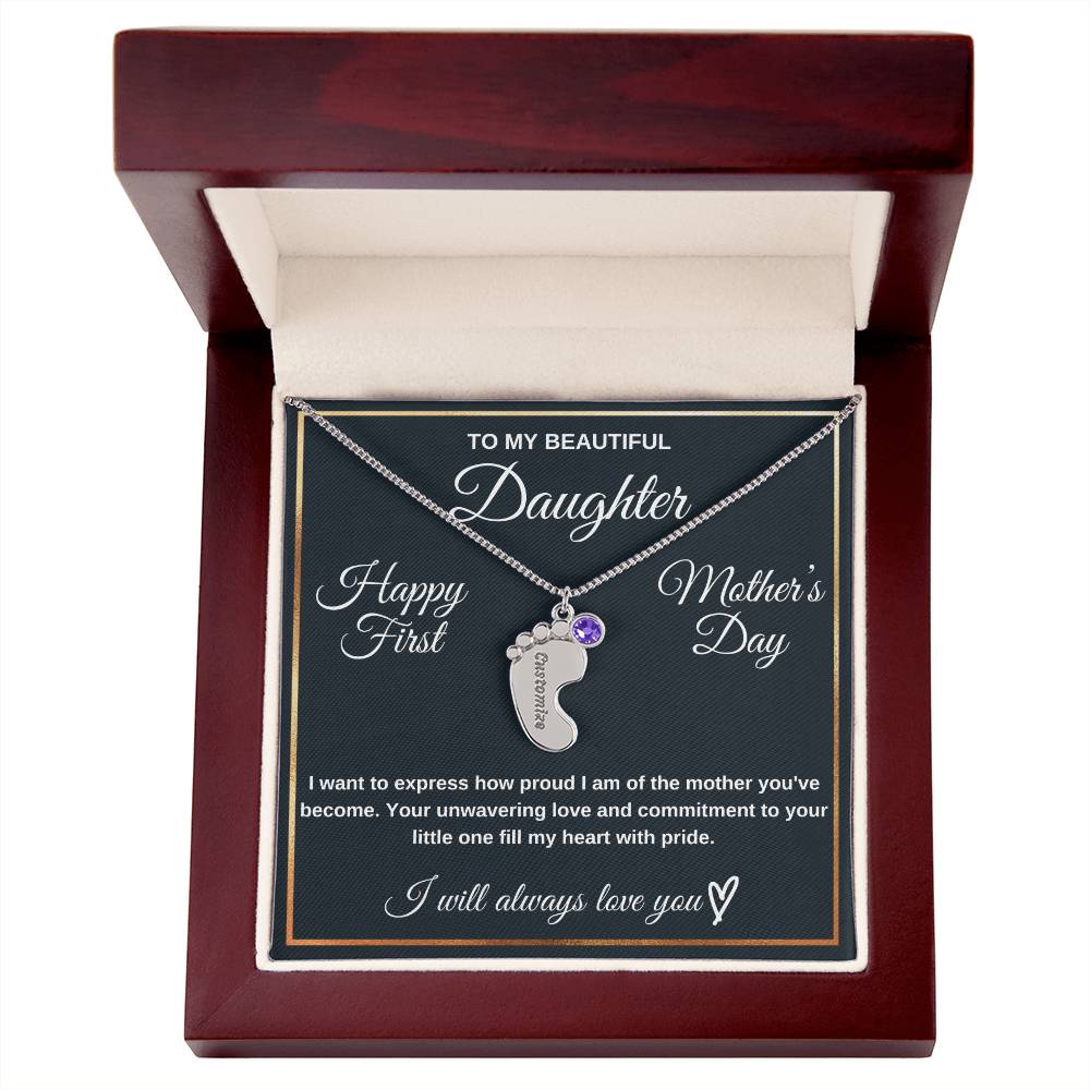 To Daughter Necklace - Engraved Baby Feet with Birthstones | First Mother's Day Gift