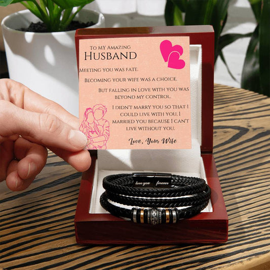 men's love you forever vegan leather bracelet in a mahogany style  box with led light