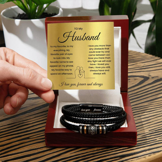 men's love you forever vegan leather bracelet in a mahogany style  box with led light