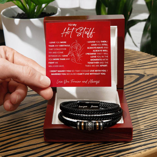 men's love you forever vegan leather bracelet in a mahogany style  box with led light