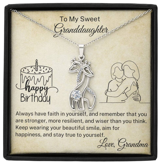 stainless steel necklace with birthday wishes from grandma to granddaughter in a  jewelry box