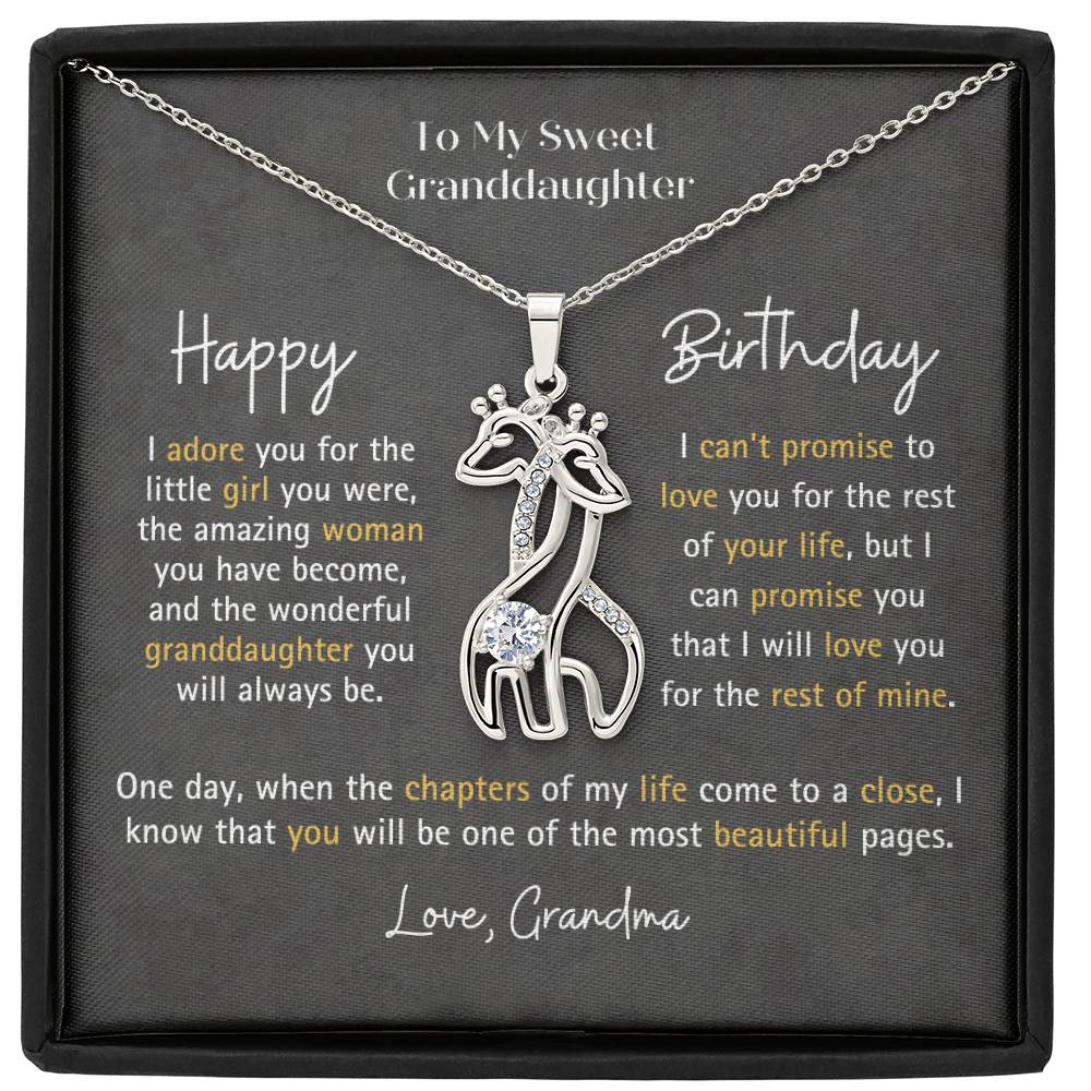 stainless steel necklace with birthday wishes from grandma to granddaughter in a  jewelry box